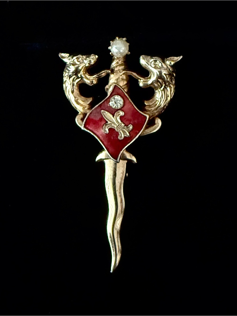 Vintage Gold Tone Fleur de Lis & Griffon Head Royal Scepter Sword Brooch Pin